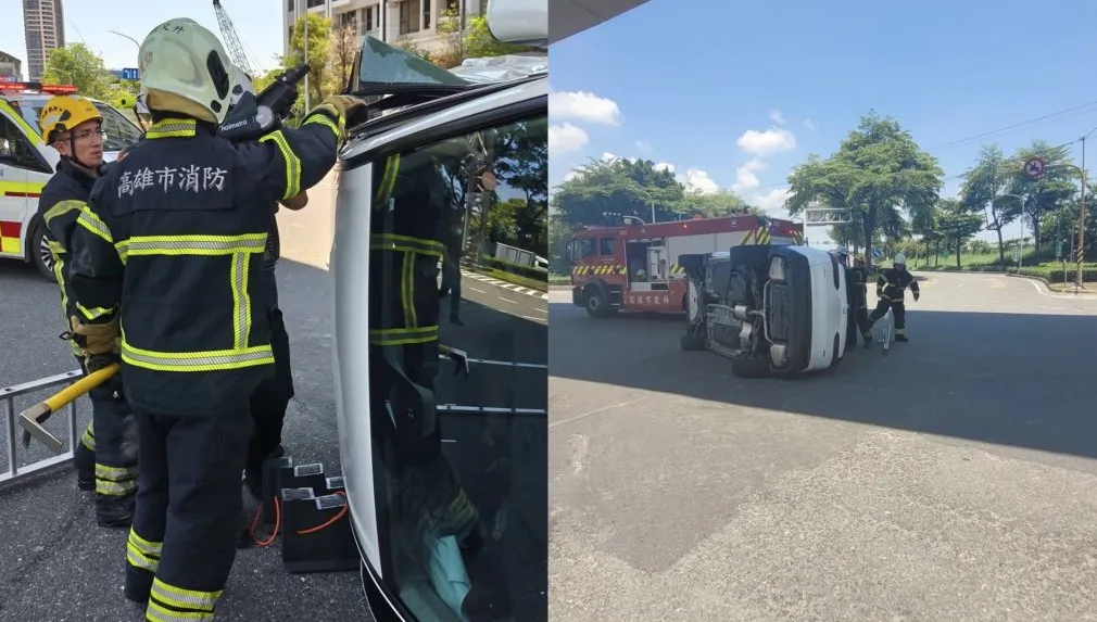 闖紅燈害翻車！高雄楠梓2車路口猛撞　轎車四輪朝天3人送醫