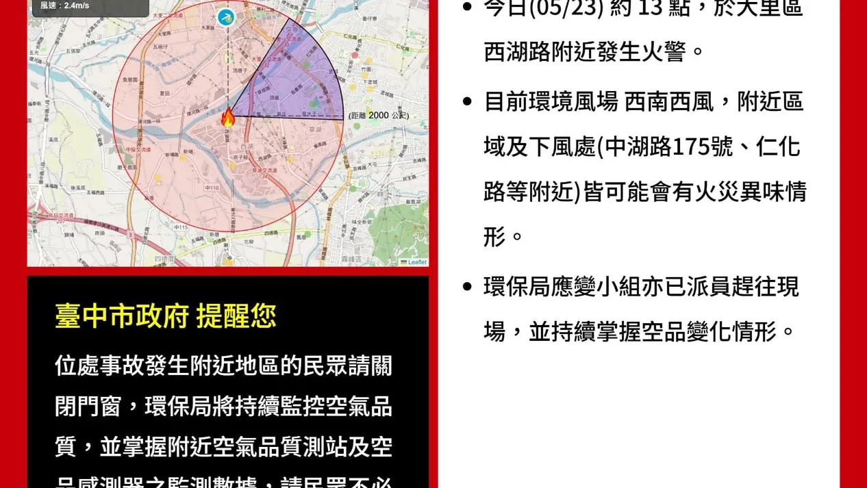 大里區西湖路火警空污 環保局持續監測、提醒民眾加強防護