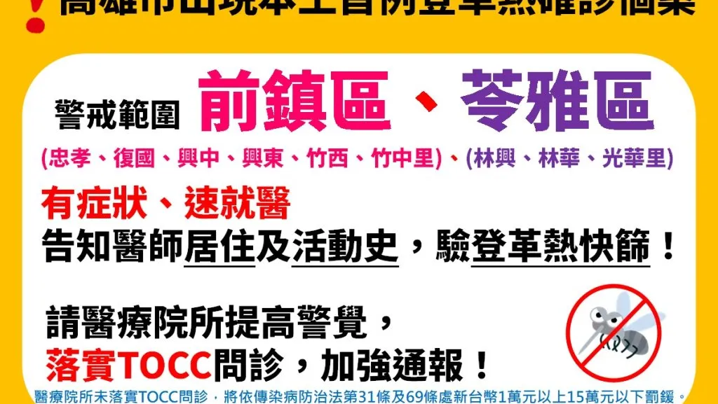 快訊／高雄爆今年首例「全國本土登革熱」！66歲男高燒確診　市府鎖定400公尺警戒