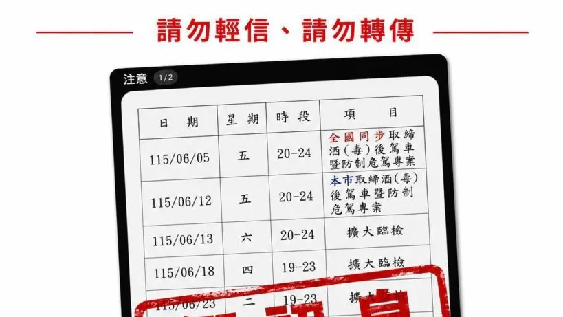 假的！網傳全國同步執取締酒駕毒駕時段　台中市警局駁：假訊息