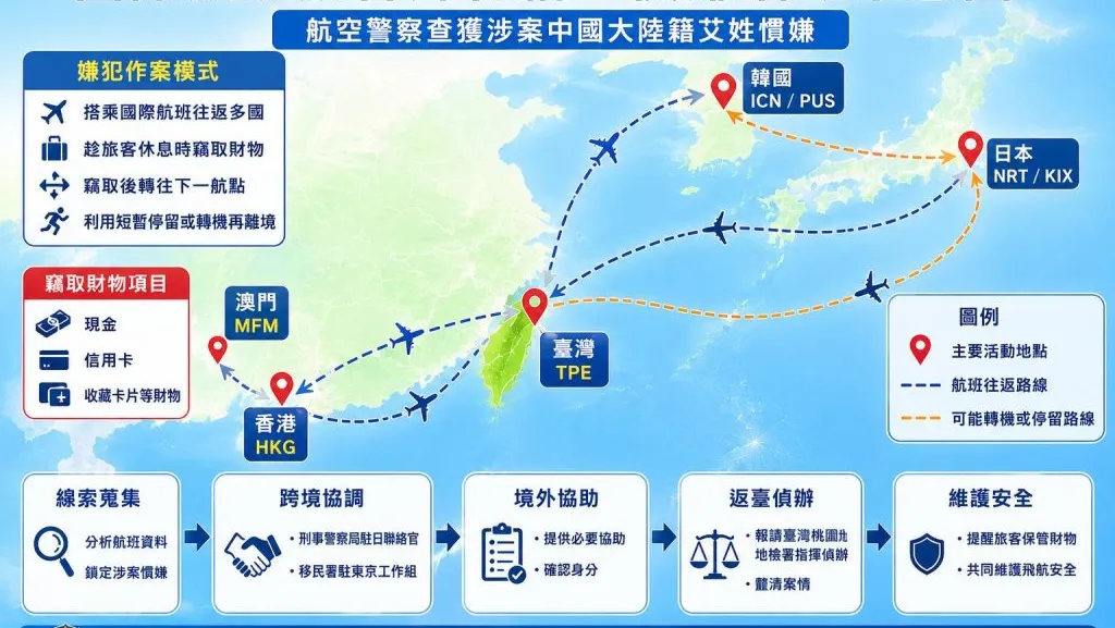 機艙大盜落網！中籍男子國際線班機籍航空行竊多起　日本遣返回台逮捕