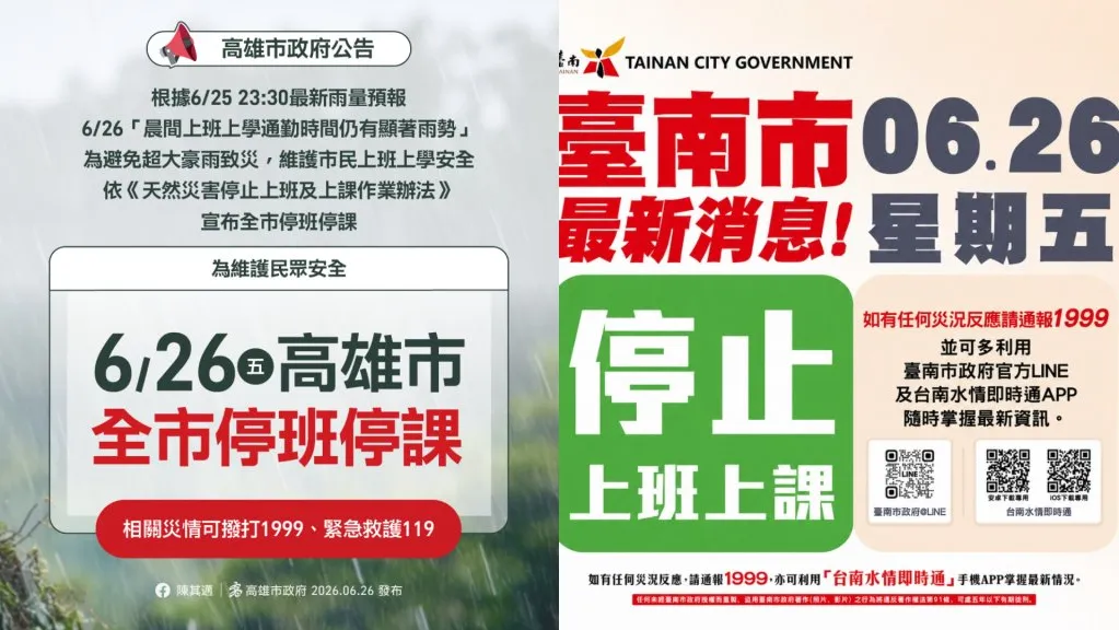 憂上班上課「咕嚕咕嚕」！台南、高雄深夜急轉彎停班停課關鍵曝