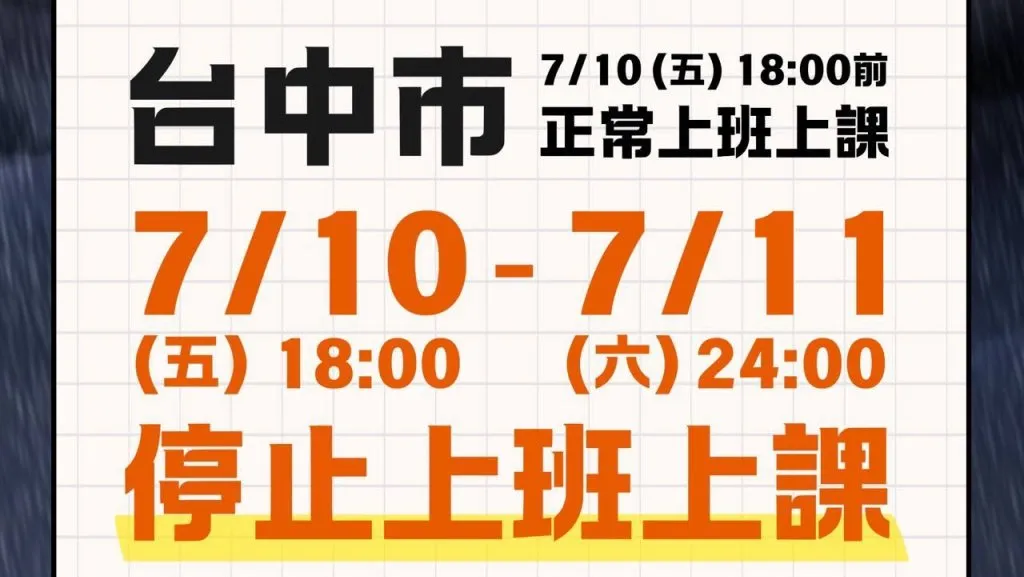 快訊／台中宣布了！10日18:00後至「11日全天」停班停課
