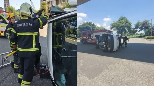 闖紅燈害翻車!高雄楠梓2車路口猛撞 轎車四輪朝天3人送醫