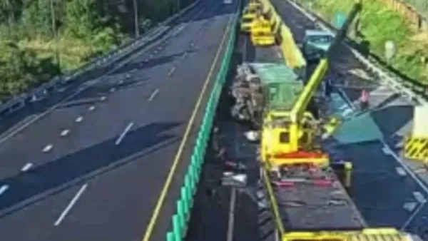 台82線東向嘉義水上路段交通中斷！　大貨車翻覆引發另兩起追撞事故1人受傷