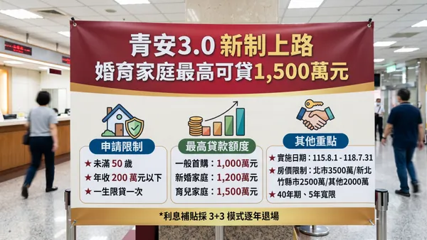 青安3.0拍板8月1日上路 新增年齡、排富與房價限制 婚育家庭最高可貸1500萬元